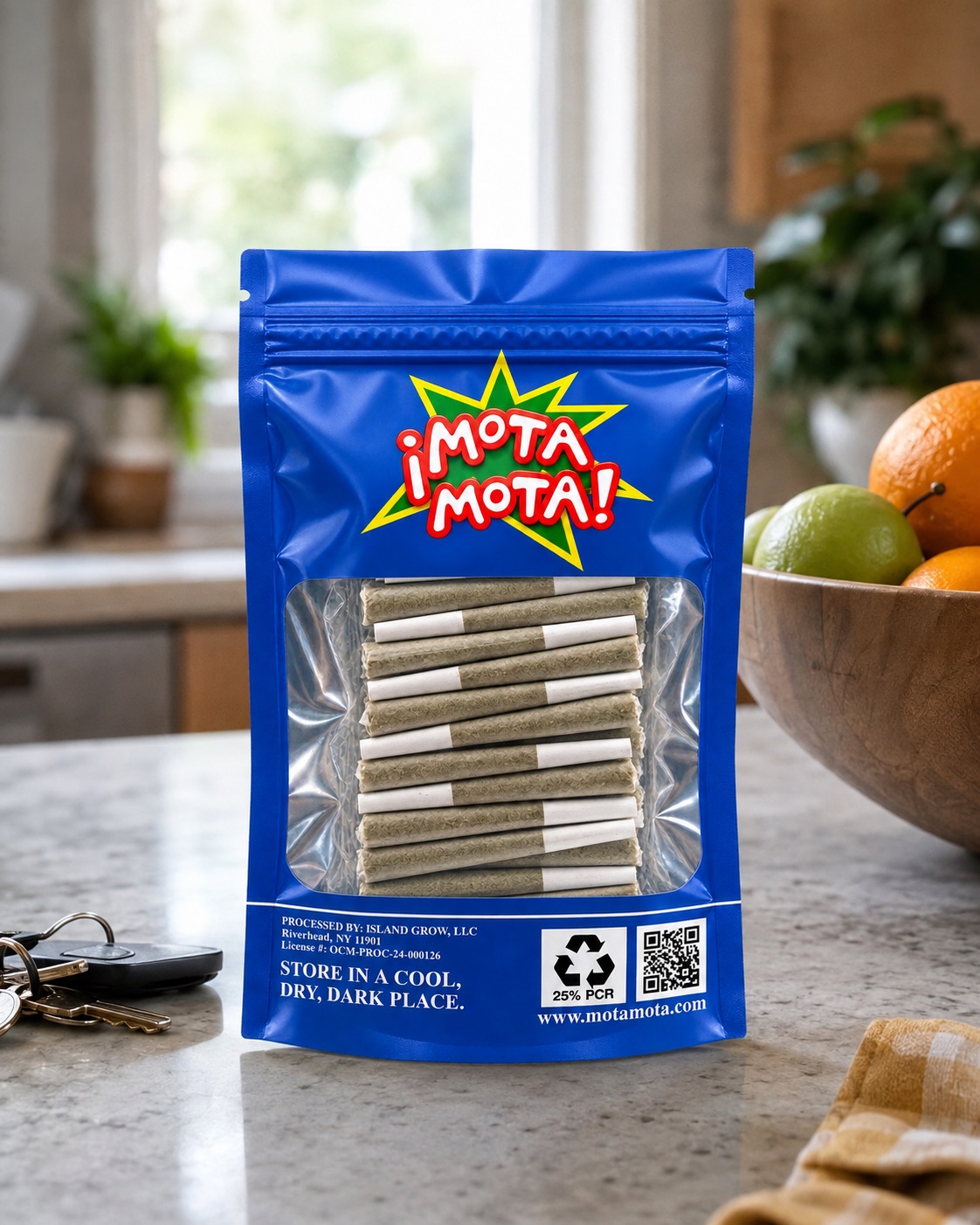 Mota Mota bag on the kitchen counter next to the fruit bowl